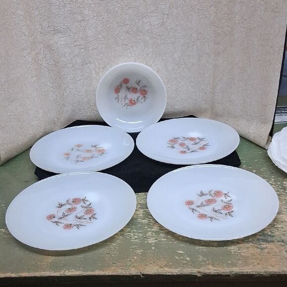Vintage 5 pc. Fire King Fleurette milk glass by Anchor Hocking with pink floral - Picture 1 of 11